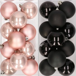 24x stuks kunststof kerstballen zwart en lichtroze 6 cm - Kerstbal