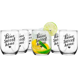 Glasmark Drinkglazen/waterglazen Tumblers Home Sweet Home - transparant glas - 6x stuks - 300 ml - Drinkglazen