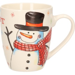Kerstmok/wintermok sneeuwpop met zwarte hoed en rode sjaal van poreselein 10 cm - Bekers