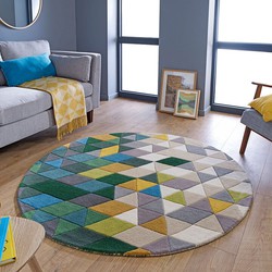 ROND Ø 160 CM PRISM MODERN LAAGPOLIG - 100% WOL - DRIEHOEK - GROEN / MULTI VLOERKLEED