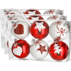 18x stuks gedecoreerde kerstballen rood en wit kunststof 6 cm - Kerstbal