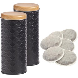 Zeller Bewaarblik voor koffiepads - 2x - zwart - metaal - 7,5 x 18 cm - Voorraadblikken