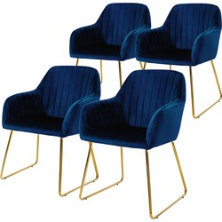 Eetkamerstoel set van 4 Gevoerde quilting met rugleuning en armleuningen Blauw Keukenstoel met microvezel fluwelen bekleding & goudkleurige metalen poten ML design
