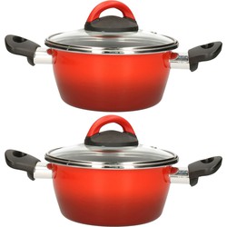 Set van 2x stuks rvs rode kookpan/pan met glazen deksel 16 cm 1 liter - Kookpannen