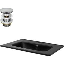 Wastafel incl. zilveren kabelwaste met overloop 61x46x16,5 cm zwart keramiek ML design