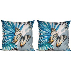 6x Bank/sier kussens met blauwe palm plant/bladeren print voor binnen en buiten 45 x 45 cm - Sierkussens