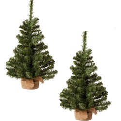 Set van 2x stuks mini kunst kerstbomen in jute zak 60 cm - Kunstkerstboom