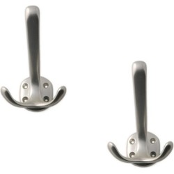 2x Zilverkleurige garderobe haakjes / jashaken / kapstokhaakjes aluminium dubbele haak 11 x 6,8 cm - Kapstokhaken