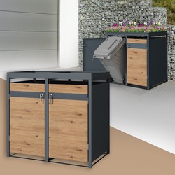 Afvalbak met plantendak, 2 bakken tot 240L 132x80x124 cm gemaakt van staal in eiken look ML design
