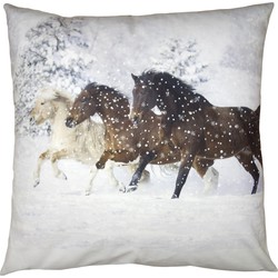 Clayre & Eef Kussenhoes  45x45 cm Wit Bruin Polyester Paarden Sierkussenhoes