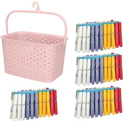 Wasknijpers ophangmandje met haak - roze - en 96x gekleurde wasknijpers van 7,5 cm - knijperszakken