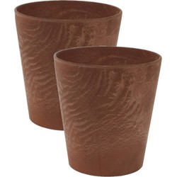 2x stuks plantenpot/bloempot in een natuursteen look Dia 17 cm en Hoogte 15 cm dark terra cotta - Plantenpotten