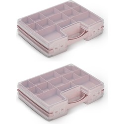 2x stuks opbergkoffertje/opbergdoos/sorteerboxen 21-vaks kunststof oud roze 28 x 21 x 6 cm - Opbergbox