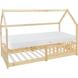 Kinderbed met uitvalbeveiliging lattenbodem en dak 200x90 cm Dennenhout naturel ML-Design