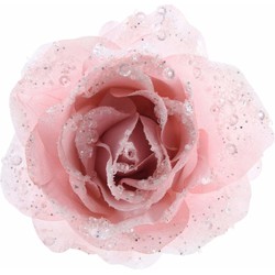 Glitter roos poeder roze op clip 14 cm - Kunstbloemen