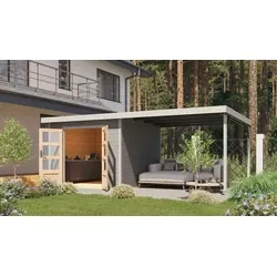 Karibu tuinhuis Pluto D met overkapping lichtgrijs-grijs, 571 x 271 cm