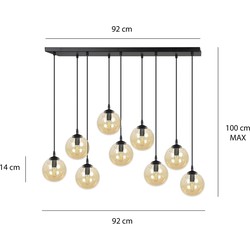 Glostrup brede zwarte 9 lamp hanglamp met amber gekleurd glas voor E14 lampen