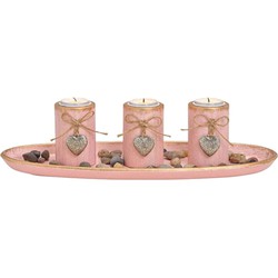 Decoratie schaal met 3 waxinelicht/theelicht houders met hartjes roze - Waxinelichtjeshouders