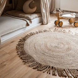 Rond jute vloerkeed Ibiza met franje -Rond 120 Ø Beige - <a href="https://vloerkledenloods.nl/vloerkleden/jute-vloerkleden">Jute</a> - Rond 120 Ø - (S)