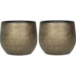 2x stuks plantenpotten/bloempotten in een strakke Modern design look metaal goud Dia 15 cm en Hoogte - Plantenpotten