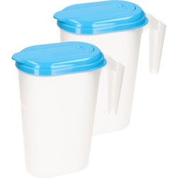 2x stuks waterkan/sapkan transparant/blauw met deksel 1.6 liter kunststof - Schenkkannen