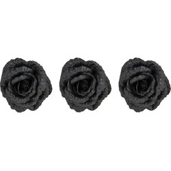 3x stuks decoratie bloemen roos zwart glitter op clip 15 cm - Kunstbloemen
