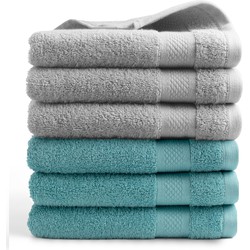 DoubleDry Hotel Handdoeken 50 x 100 cm – Set van 6 – 100% Katoen 500 g/m2 – Zacht & Absorberend - 3x Lichtgrijs + 3x Denimblauw