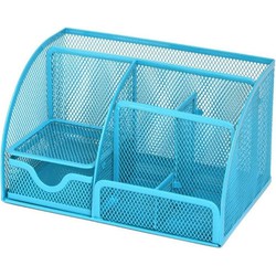 Decopatent® Pennenbak 6 vakken & 1 Schuiflade - Pennenhouder - Desk Buro - Bureau organizer - Mesh - Metaal - Pennenbakjes - Blauw