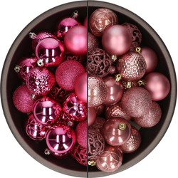 74x stuks kunststof kerstballen mix van fuchsia roze en oudroze 6 cm - Kerstbal