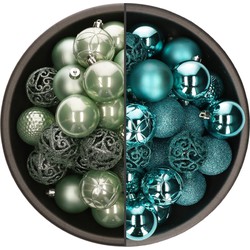 74x stuks kunststof kerstballen mix van mintgroen en turquoise blauw 6 cm - Kerstbal