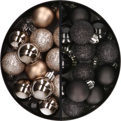 34x stuks kunststof kerstballen champagne en zwart 3 cm - Kerstbal