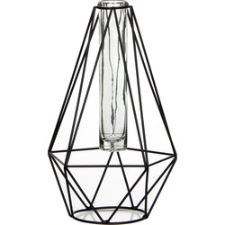 Zwart metalen diamant draad vaasje met glas 15 x 14 x 24 cm - Vazen