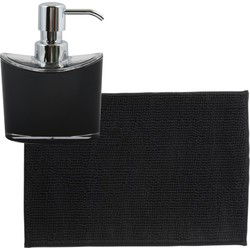 MSV badkamer droogloop mat/tapijtje - 40 x 60 cm - en zelfde kleur zeeppompje 260 ml - zwart - Badmatjes