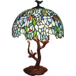 LumiLamp Tiffany Tafellamp  Ø 42x49 cm  Blauw Kunststof Glas Bloemen Tiffany Bureaulamp