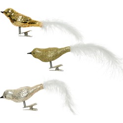 3x stuks glazen decoratie vogels op clip champagne/goud 8 cm - Kersthangers