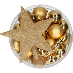 Bellatio Decorations set 33x stuks kunststof kerstballen met ster piek goud - Kerstbal