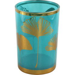 PTMD Yuga Ronde Theelichthouder - H18 x Ø12 cm - Glas - Blauw/Goud