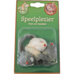 Kattenspeelgoed blisterpak a 3 bontmuis grijs/wit 5 cm