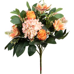 Louis Maes Kunstbloemen boeket roos/hortensia/lelie - oranje/zalm - H39 cm - Bloemstuk - Bladgroen - Kunstbloemen