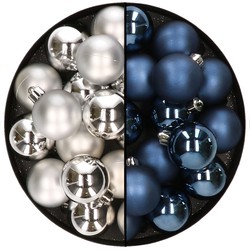 32x stuks kunststof kerstballen mix van zilver en donkerblauw 4 cm - Kerstbal
