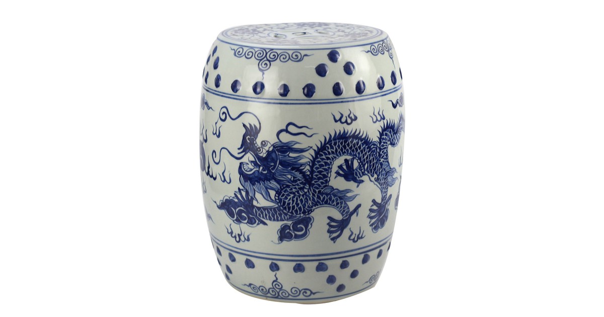 Fine Asianliving Keramische Kruk Blauw Wit Draak Porselein Stoel B33xH45cm Chinese Meubels Oosterse Kast