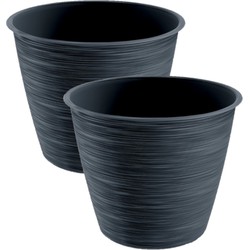 2x stuks stijlvolle kunststof plantenpot/bloempot dia 20 cm/hoogte 17 cm Paintstripe antraciet grijs - Plantenpotten