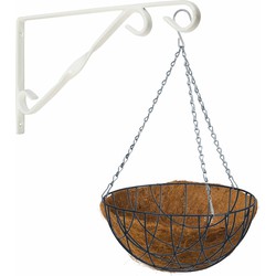 Hanging basket 30 cm met klassieke muurhaak wit en kokos inlegvel - metaal - complete hangmand set - Plantenbakken