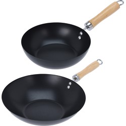 Excellent Houseware Wok/hapjes/bak pannen - 2x stuks - met antiaanbaklaag - staal - D20 en D30 cm - Koekenpannen