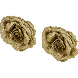 2x stuks decoratie bloemen roos goud glitter op clip 18 cm - Kunstbloemen