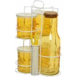 Gele karaf/sapkan/schenkkan 1 liter met 4 mason jars en rietjes - Drinkglazen