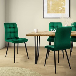 Eetkamerstoel set van 4 grote vierkante gewatteerde donkergroene fluwelen bekleding met metalen poten incl. montagemateriaal ML-Design