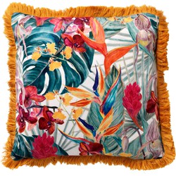 Dutch Decor TROPICANA - Kussenhoes velvet 45x45 cm - Golden Glow - geel - bloemenpatroon - franjes - Dutch Decor