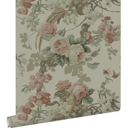 ESTAhome behang bloemen en vogels vergrijsd groen - 50 x 900 cm - 139810