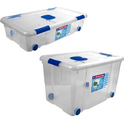 4x Opbergboxen/opbergdozen met deksel en wieltjes 30 en 55 liter kunststof transparant/blauw - Opbergbox